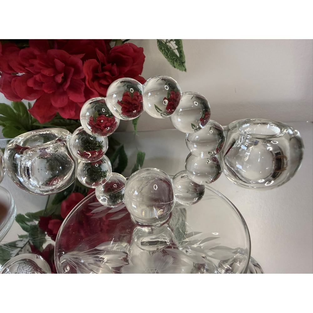 Vintage Etched Cornflower Crystal Bubble Loop Candle Holders Likely W.J. Hughes - Picture 5 of 8